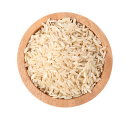 Raw rice in bowl isolated on white, top view