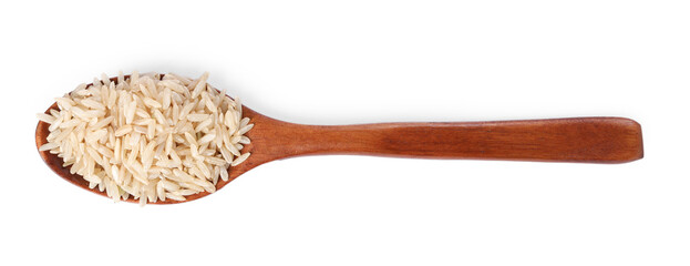 Raw rice in wooden spoon isolated on white, top view