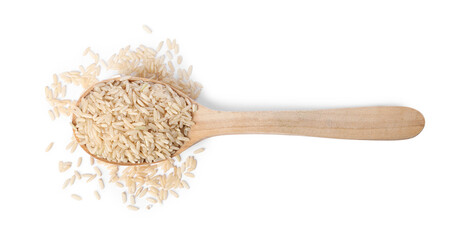 Raw rice in wooden spoon isolated on white, top view