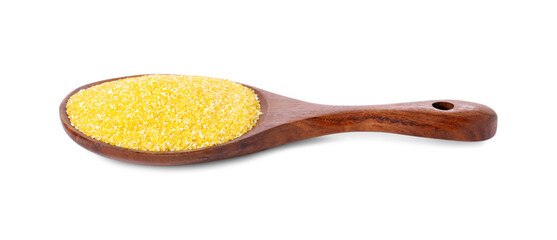 Raw cornmeal in spoon isolated on white