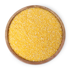 Raw cornmeal in bowl isolated on white, top view