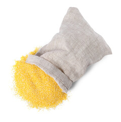 Raw cornmeal in burlap isolated on white