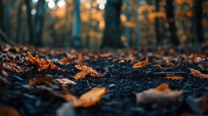 A serene forest floor covered with fallen orange leaves in autumn.