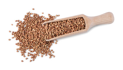 Raw buckwheat in wooden scoop isolated on white, top view