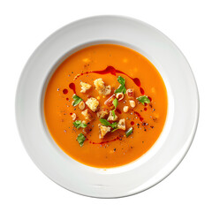 Top view of a creamy tomato soup garnished with croutons, fresh herbs, and a drizzle of oil, served in a white bowl