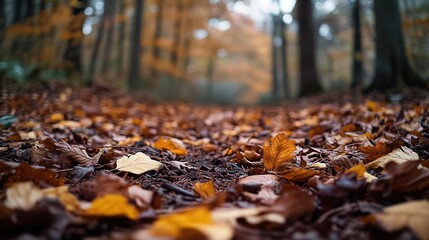 Obraz premium A serene forest path covered with autumn leaves, showcasing nature's beauty.
