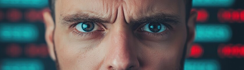 Obraz premium Intense close-up portrait of a man with piercing blue eyes, evoking emotions of focus and determination against a digital background.