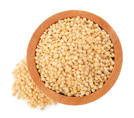 Raw couscous in wooden bowl isolated on white, top view