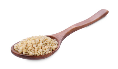 Raw couscous in wooden spoon isolated on white