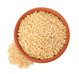 Raw couscous in bowl isolated on white, top view
