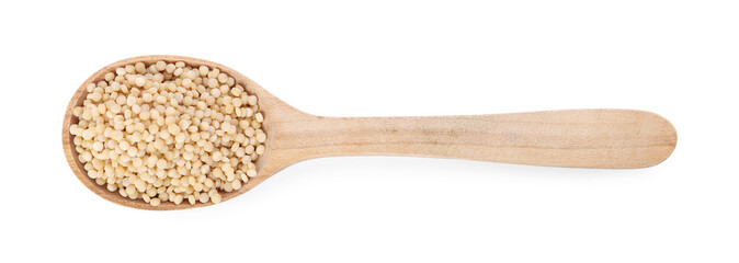 Raw couscous in wooden spoon isolated on white, top view
