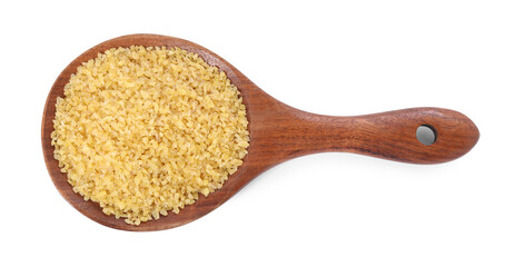Raw bulgur in wooden spoon isolated on white, top view