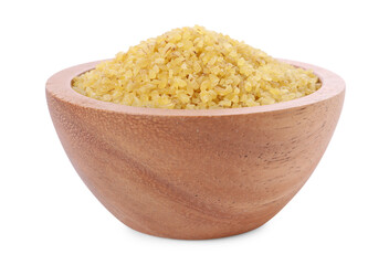 Raw bulgur in wooden bowl isolated on white