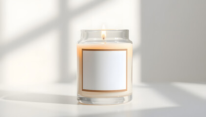 Glass candle with empty label in natural sunlight isolated with white highlights, png