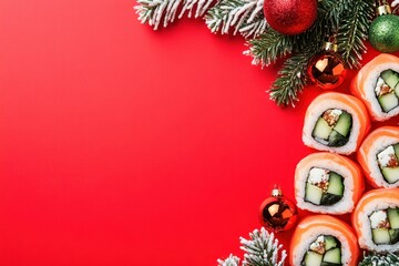 Festive Salmon Sushi Rolls with Christmas Decorations on a Red Background