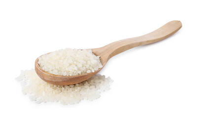 Raw rice in wooden spoon isolated on white