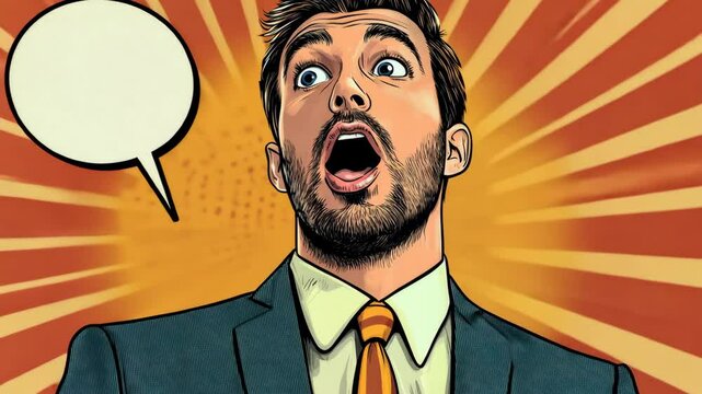 Man in a suit expresses surprise while speaking in a graphic style with an orange burst background in a lively urban setting