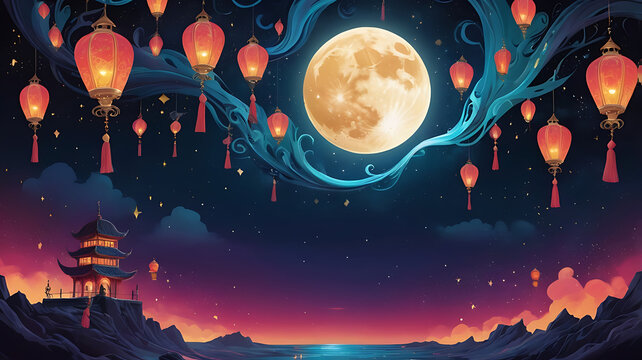 An abstract, vibrant depiction of a crescent moon and lanterns floating in a surreal, swirling night sky with plenty of copy space in the lower half