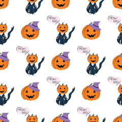 Cute Halloween seamless pattern with pumpkin and cat. Vector background for design textile or backdrop. Halloween holiday concept