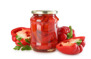 Tasty pickled bell peppers in jar and fresh ingredients isolated on white