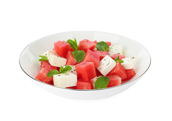 Delicious watermelon salad with mint and feta cheese in bowl isolated on white