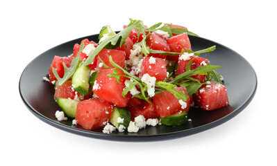 Delicious watermelon salad with feta cheese, cucumber and arugula isolated on white