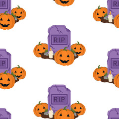Halloween seamless pattern with pumpkin and grave RIP. Vector background for design textile or backdrop. Halloween holiday concept