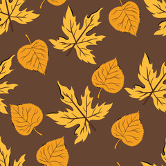 Fototapeta premium Cute autumn seamless pattern with different leaf maple and linden. Vector background for design textile or backdrop