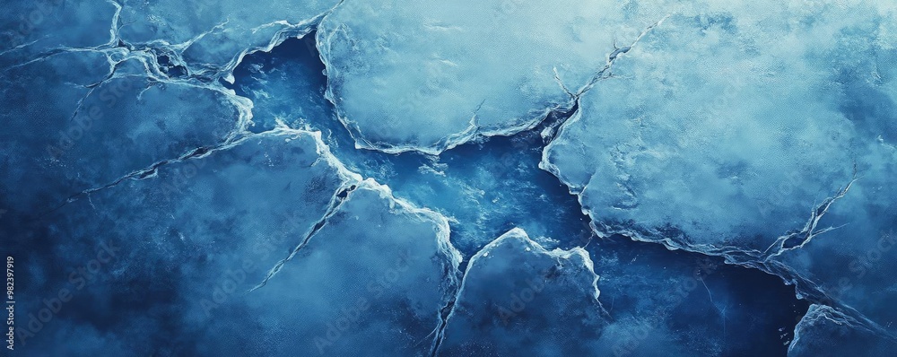 Aufkleber a close-up view of a frozen surface displaying cracks and fractures, evoking a sense of chilly beaut