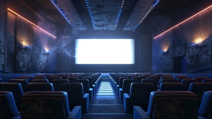 Naklejka premium Captivating Movie Theatre Interior with Empty Seats and Illuminated Screen for Cinematic Experience.