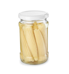 Tasty pickled yellow baby corns in jar isolated on white