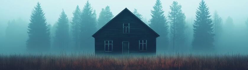 Obraz premium Mysterious dark house in a foggy landscape, surrounded by tall trees. Captivating atmosphere evokes intrigue and solitude.
