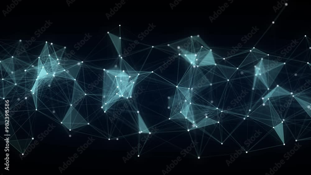 Poster Business futuristic backdrop. Network connection structure cyberspace with moving particles. Big data visualization. Abstract cyber security background. 3D rendering.