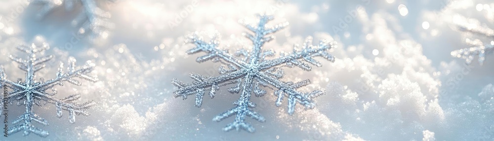 Poster A close-up view of a snowflake resting on a soft blanket of snow, showcasing its intricate design and delicate beauty.