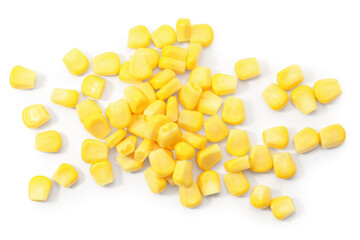 Pile of fresh corn kernels on white background, flat lay