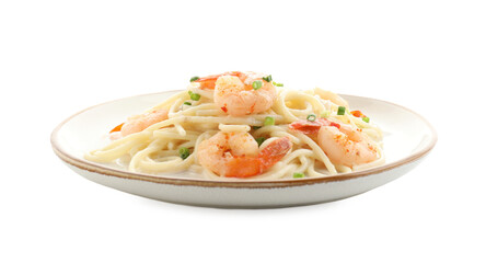 Delicious pasta with shrimps and green onions isolated on white