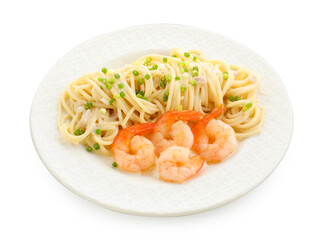 Delicious pasta with shrimps and green onions isolated on white