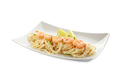Delicious pasta with shrimps, green onions and lime isolated on white