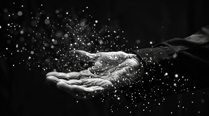 Hands open wide as sparkling particles drift gracefully through the air in a captivating moment that combines artistry with ethereal beauty