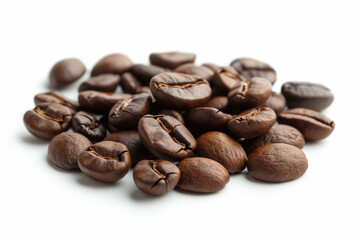 Naklejka premium A bunch of coffee beans isolated on a white background, close-up, macro photography, studio shot.