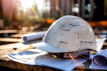 Close-up of a safety helmet with scattered blueprints