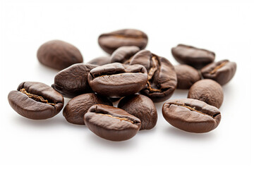 Obraz premium A bunch of coffee beans isolated on a white background, close-up, macro photography, studio shot.