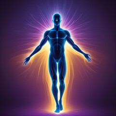 human body soul aura neon glow blue and pink black background silhouette chakra vital energy concept mind esotericism psychology