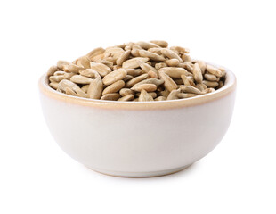 Peeled sunflower seeds in bowl isolated on white