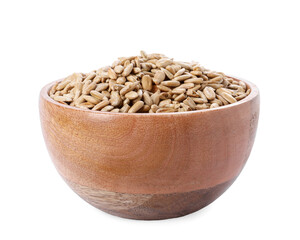 Peeled sunflower seeds in wooden bowl isolated on white