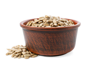 Peeled sunflower seeds in bowl isolated on white