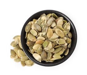 Peeled pumpkin seeds in bowl isolated on white, top view