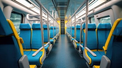Empty Train Car Interior: Blue and Yellow Seats