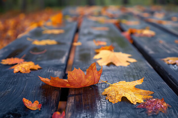 Obraz premium A close-up of colorful autumn leaves on an old wooden picnic table, with fallen leaves scattered around and the shadowed edges adding depth to the scene