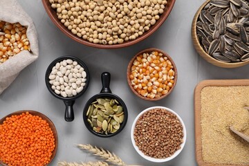 Different types of cereals, seeds and legumes on grey textured table, flat lay